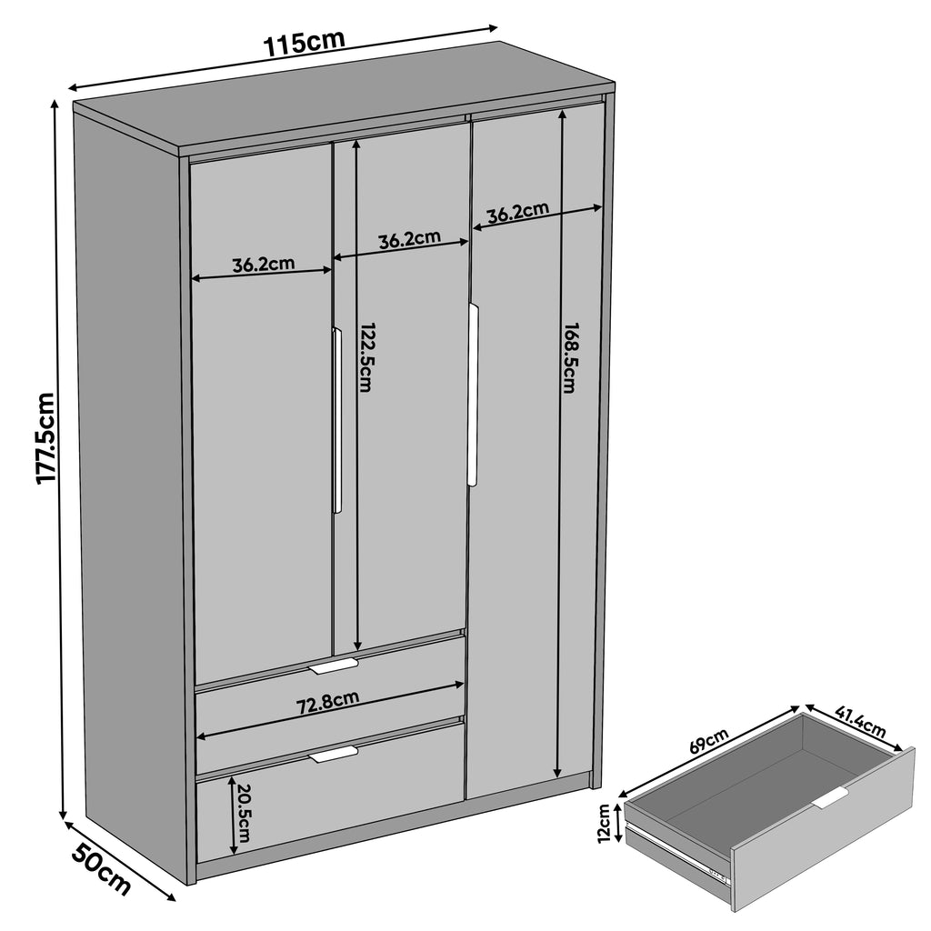 Skova 3 Door Wardrobe with Drawers and Shelves & Clothes Rail