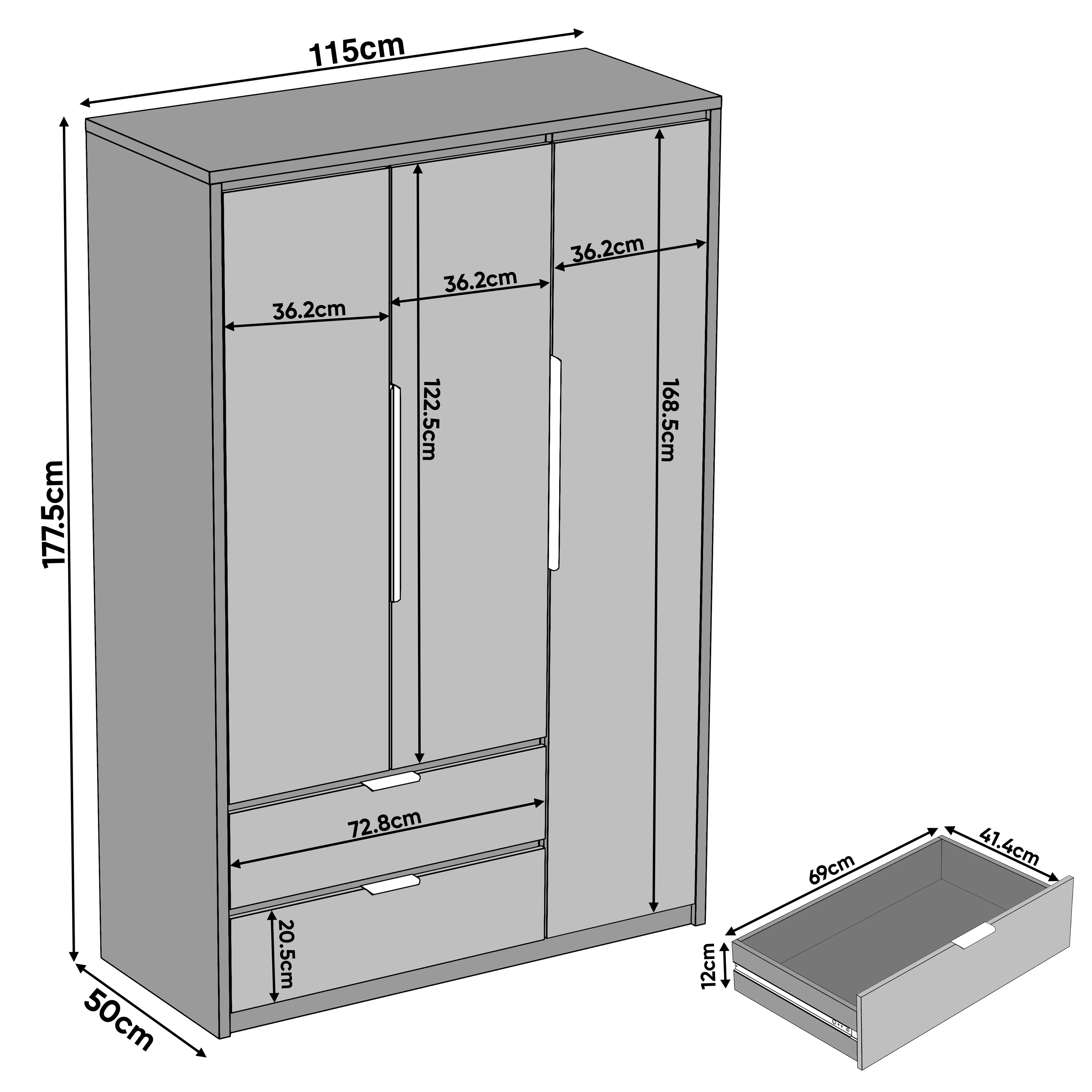 Skova 3 Door Wardrobe with Drawers and Shelves & Clothes Rail