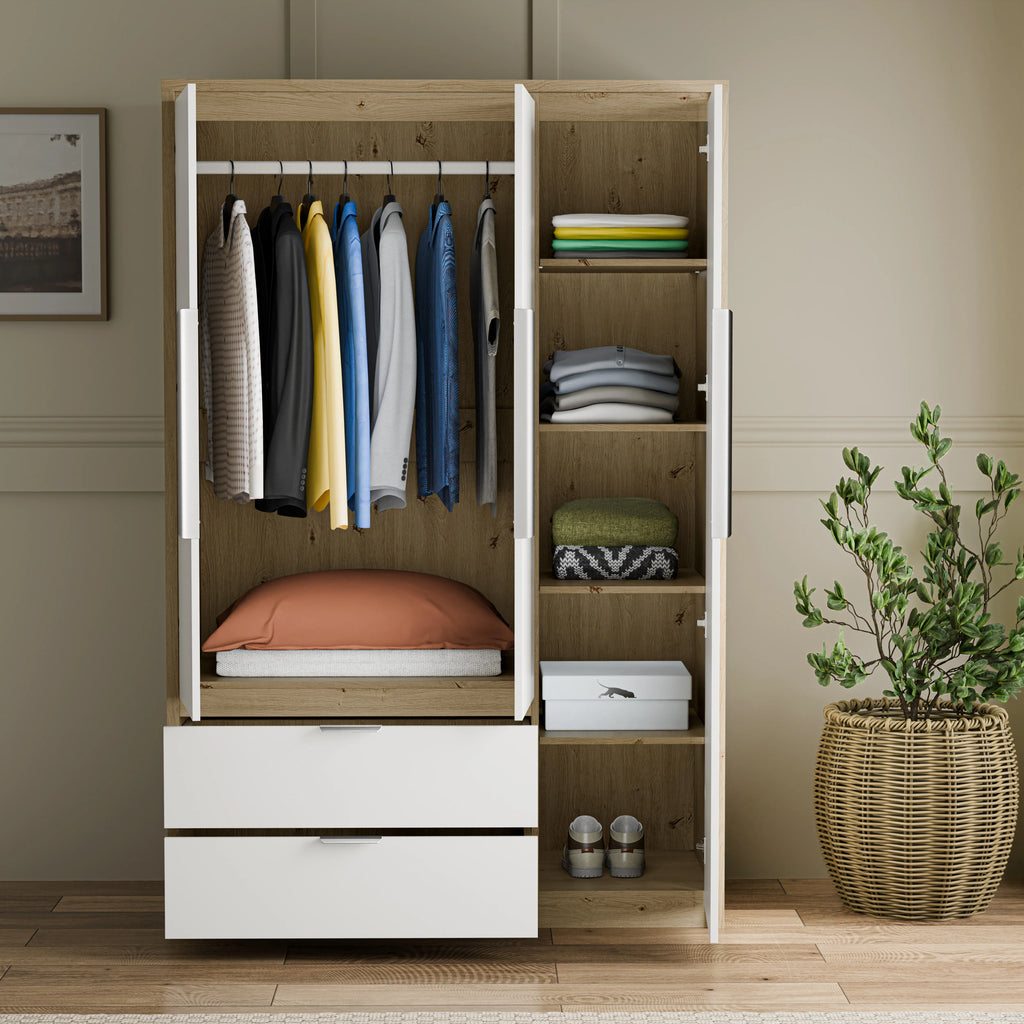 Skova 3 Door Wardrobe with Drawers and Shelves & Clothes Rail