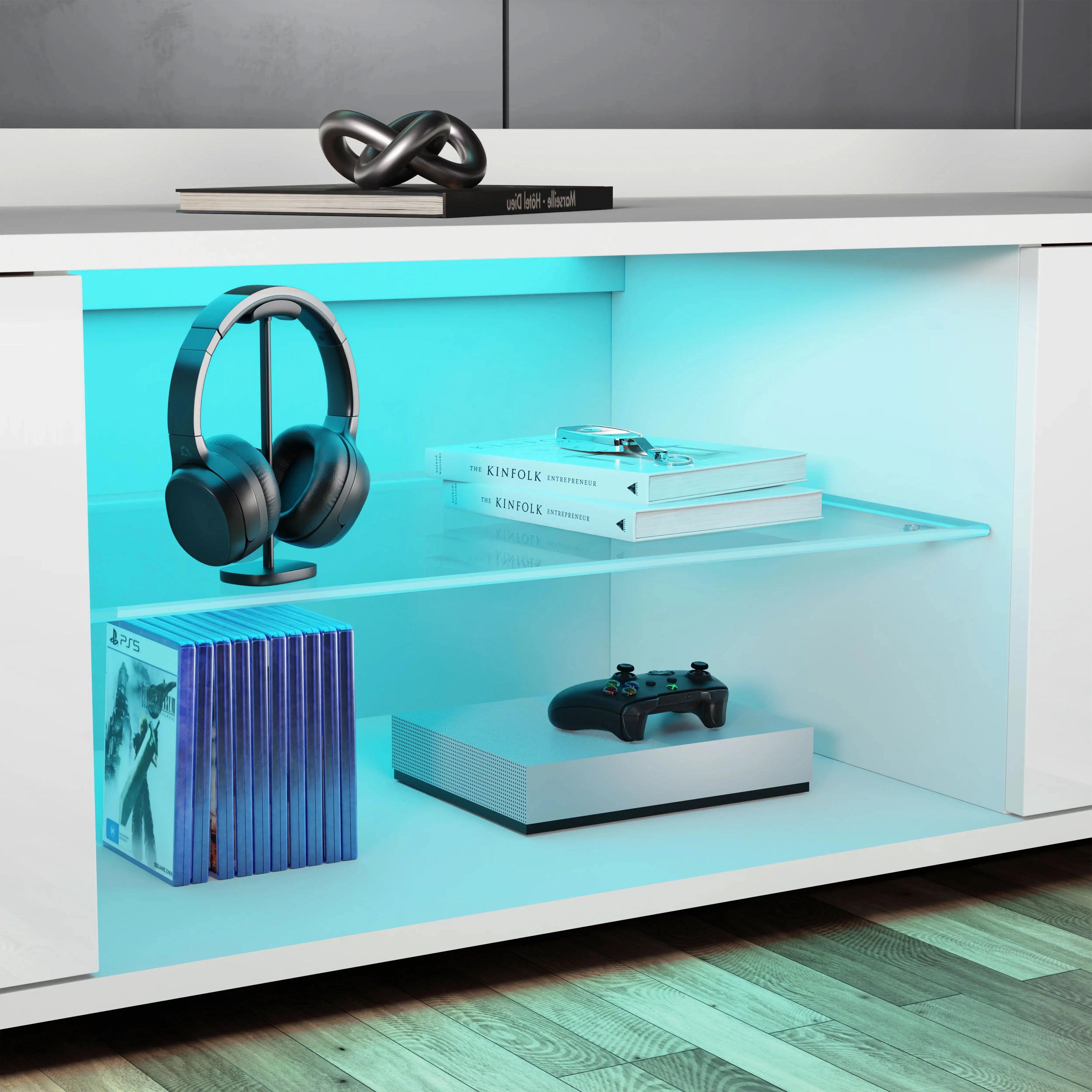 High Gloss TV Unit With LED Lights & 2 Door Storage Cabinets - 160cm