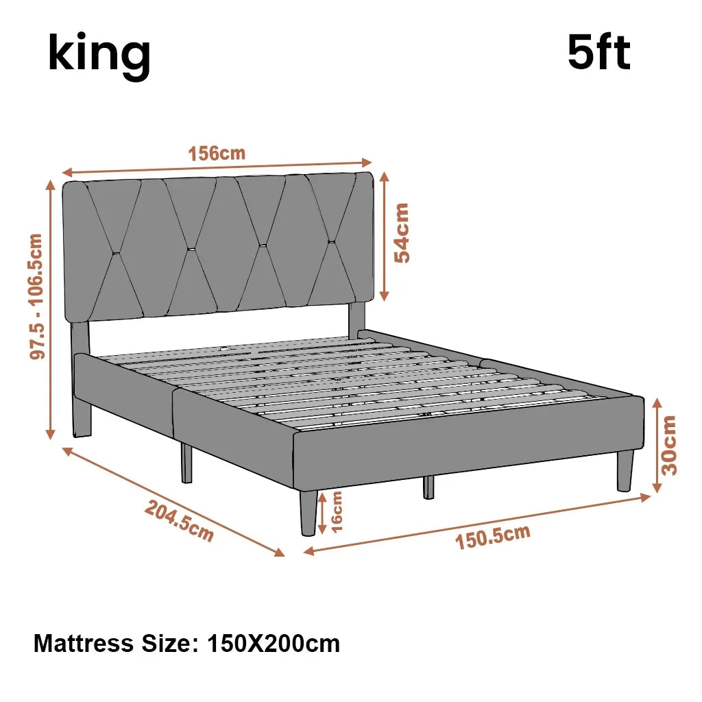 Velvet Double Bed Frame with Headboard Upholstered King Size Bed Frame