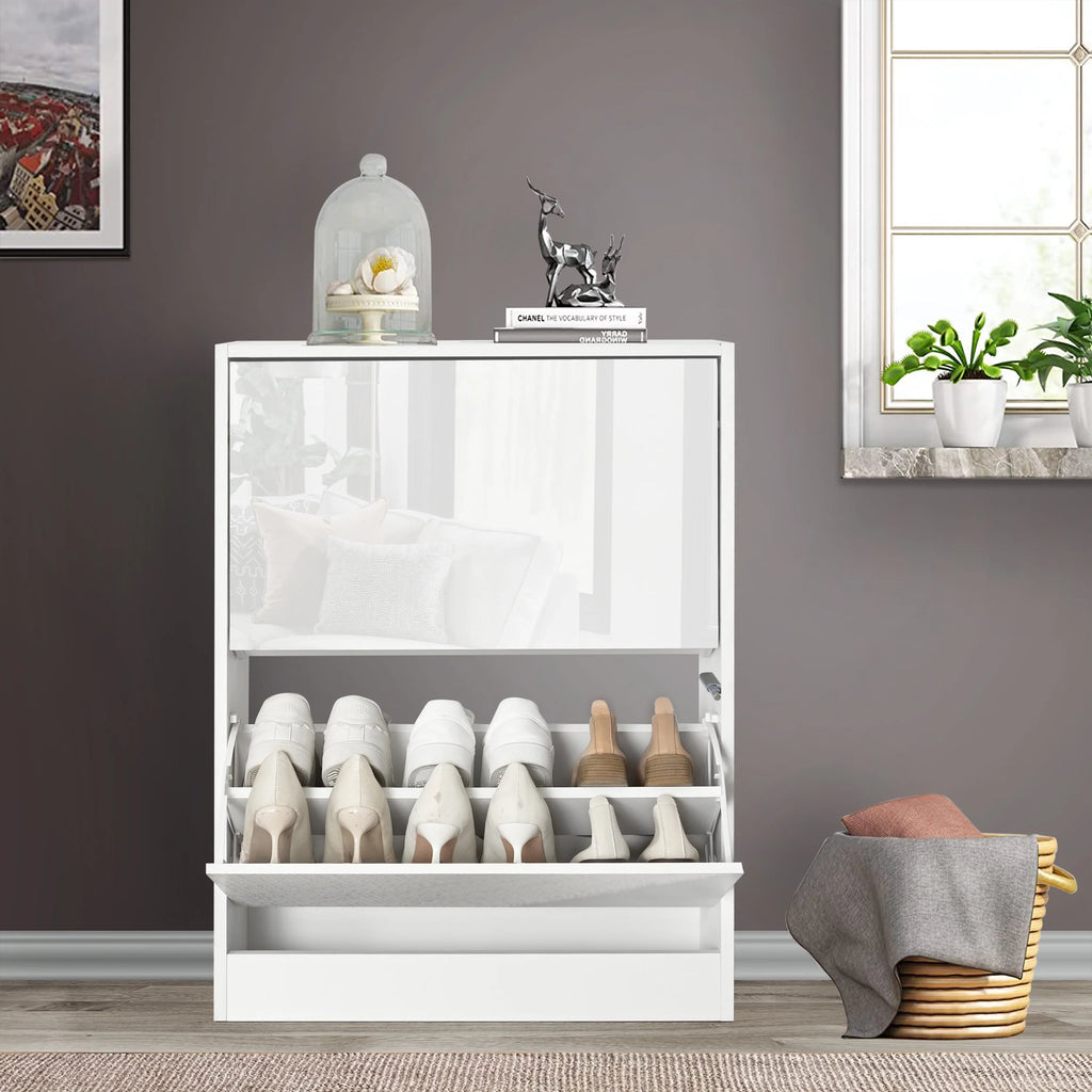 High Gloss 2 Door Shoe Cabinet | Slim Shoe Storage Unit