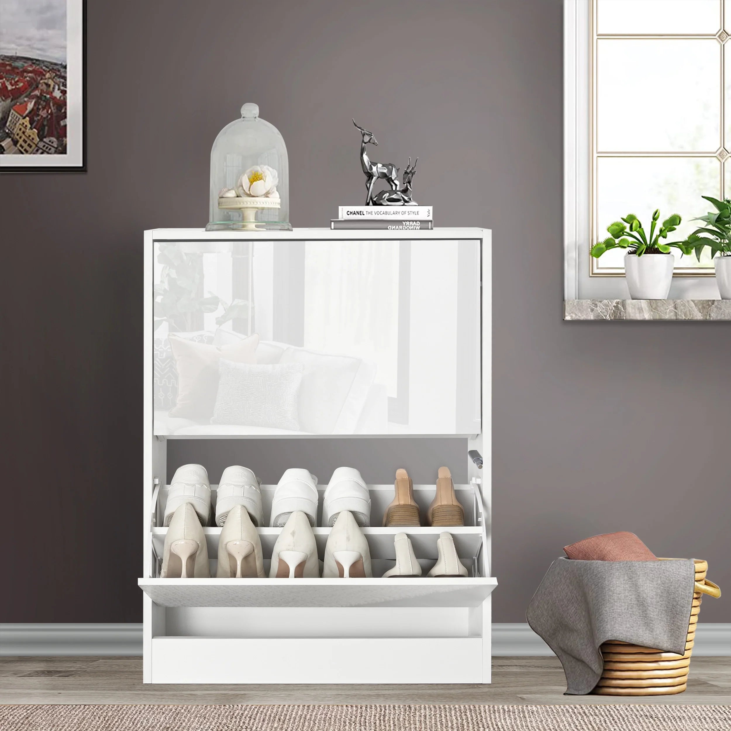 High Gloss 2 Door Shoe Cabinet | Slim Shoe Storage Unit