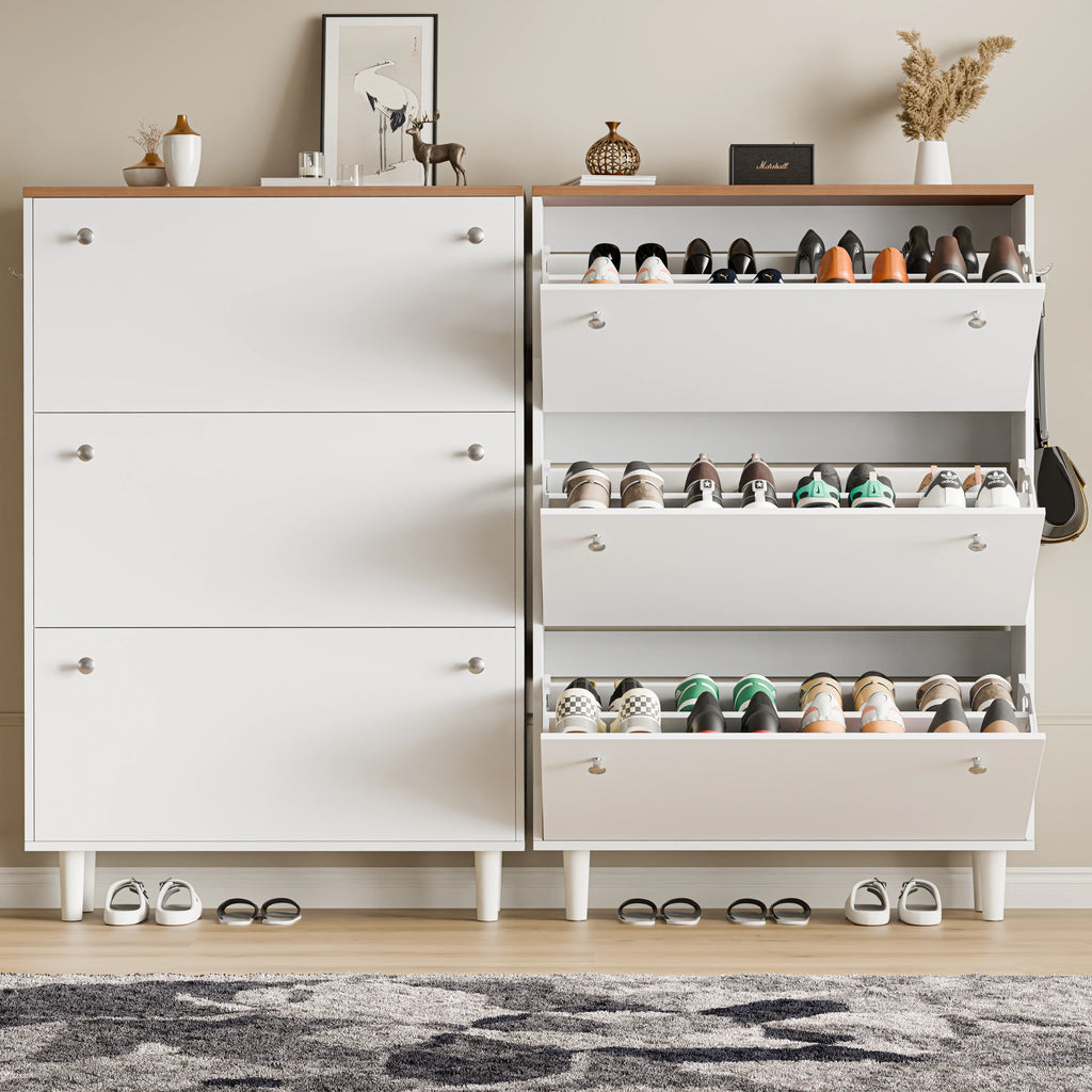 3 Door Narrow Shoe Cabinet | Tall Shoe Storage With Hooks