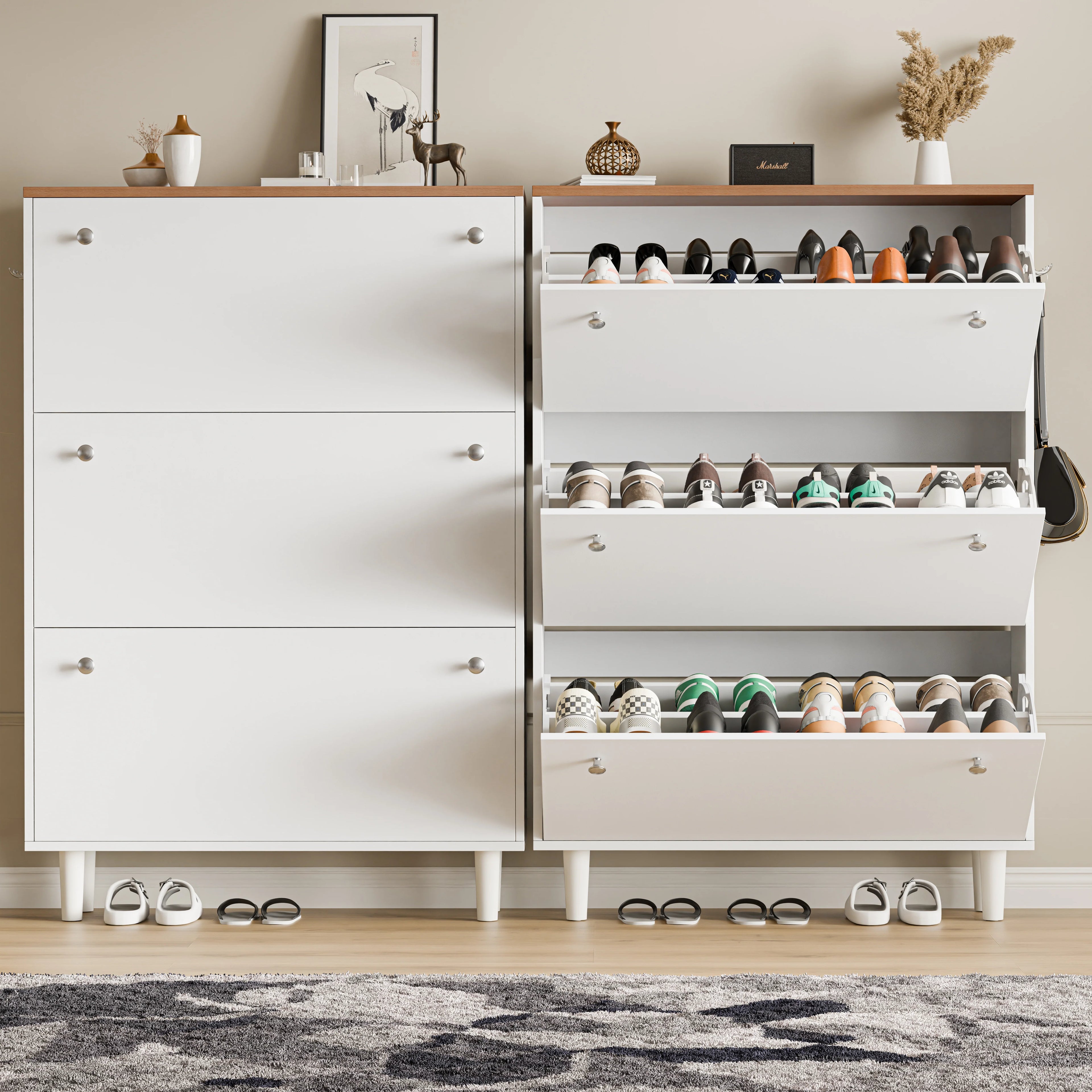 3 Door Narrow Shoe Cabinet | Tall Shoe Storage With Hooks