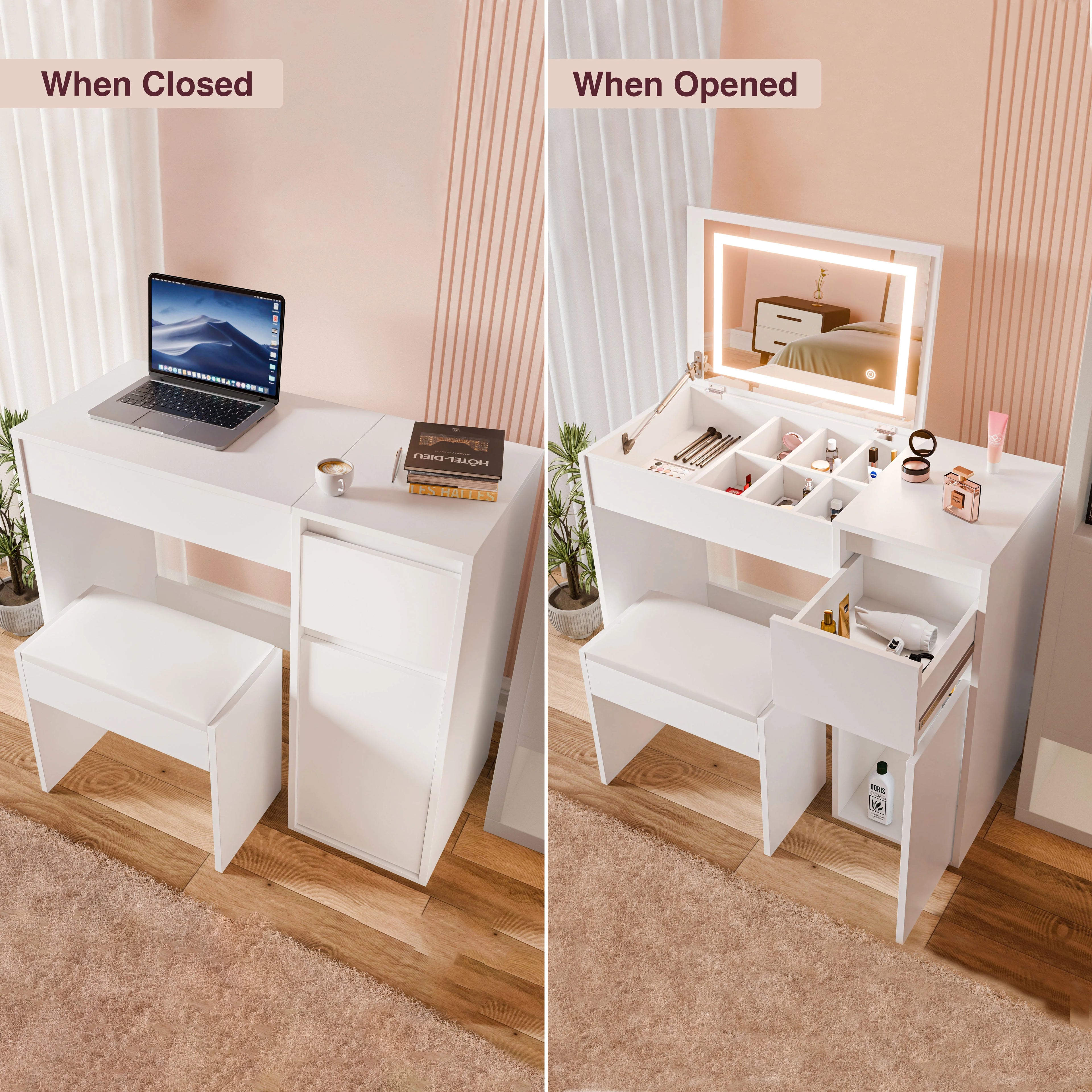Small Dressing Table with Mirror and Lights, Stool -Makeup Vanity Desk