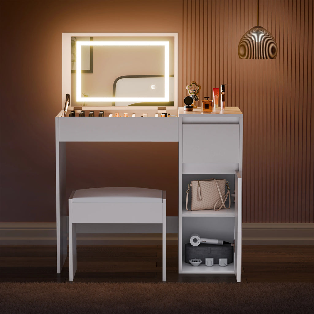 Small Dressing Table with Mirror and Lights, Stool -Makeup Vanity Desk