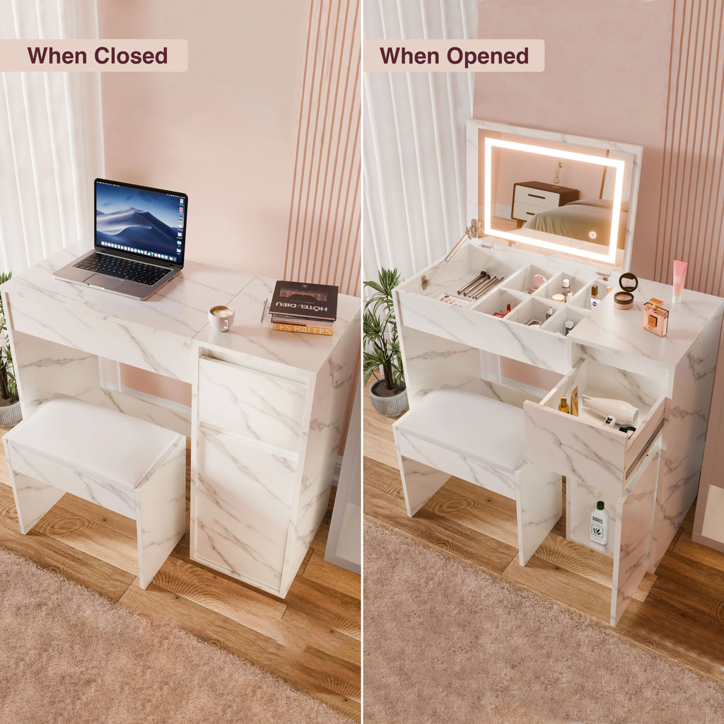 Small Dressing Table with Mirror and Lights, Stool -Makeup Vanity Desk