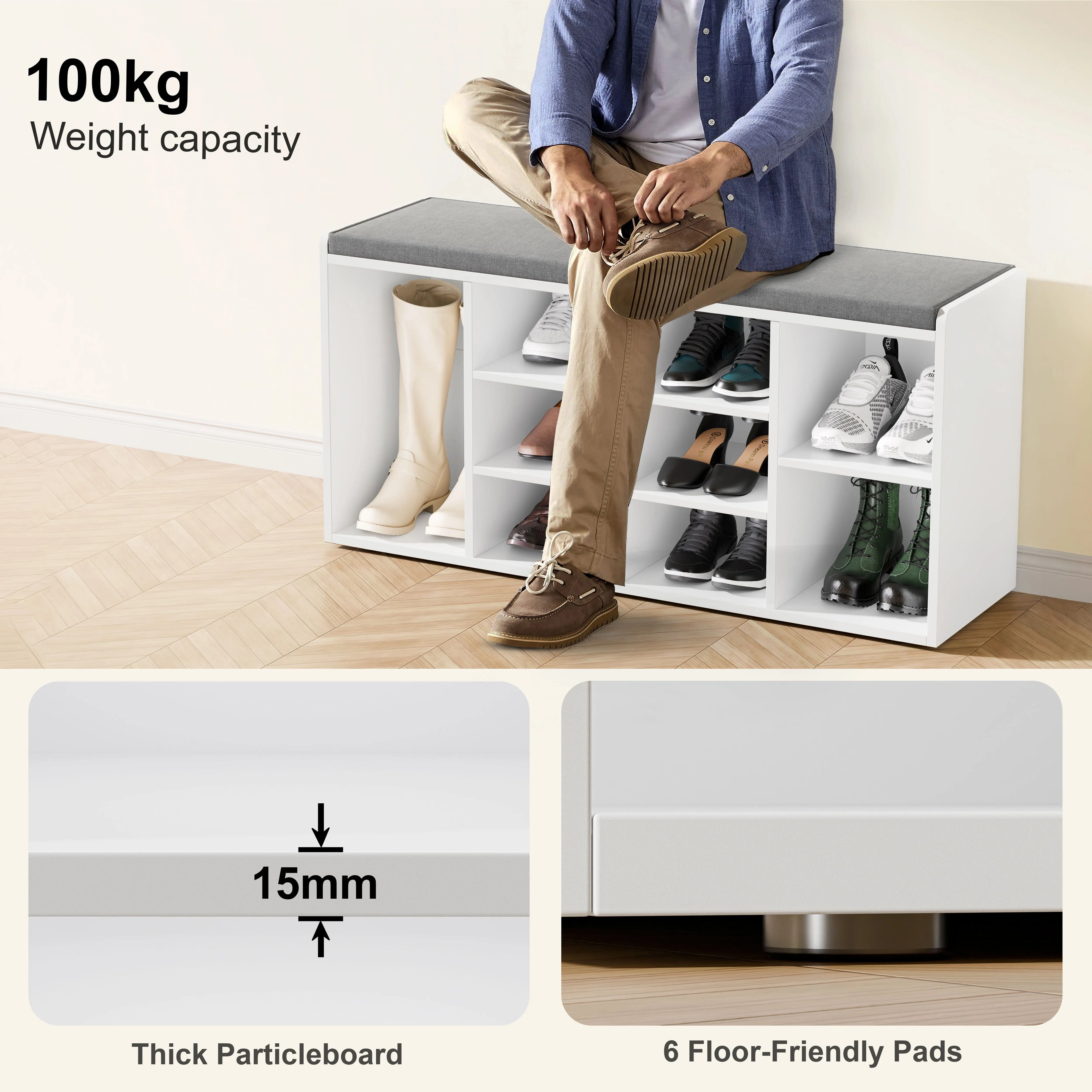 Shoe Storage Bench with Cushion - Shoe Rack Cabinet Hallway