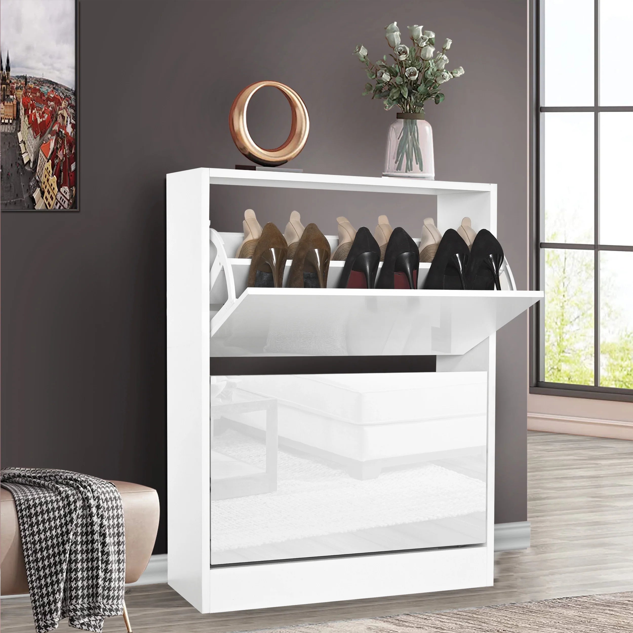 High Gloss 2 Door Shoe Cabinet | Slim Shoe Storage Unit