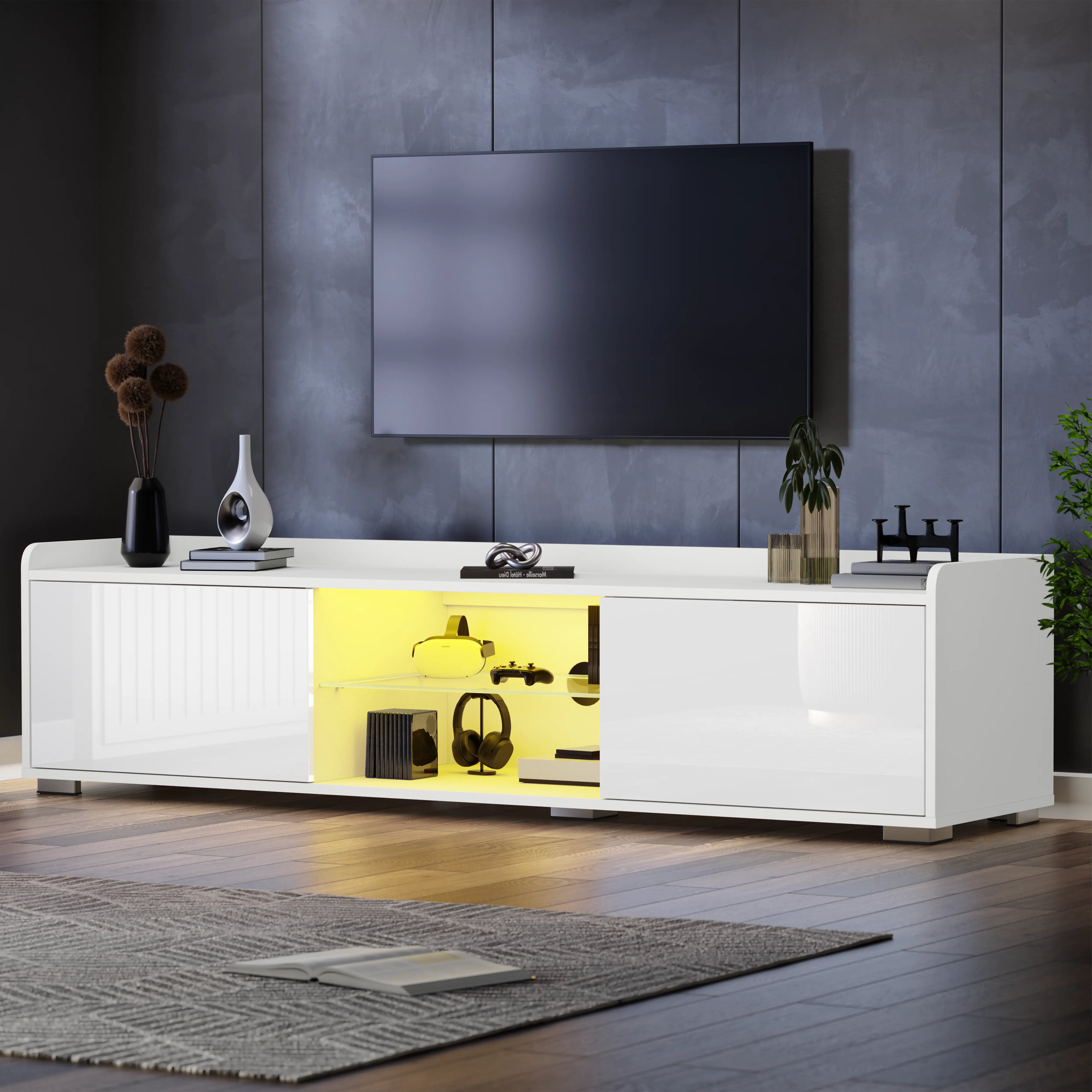 High Gloss TV Unit With LED Lights & 2 Door Storage Cabinets - 160cm