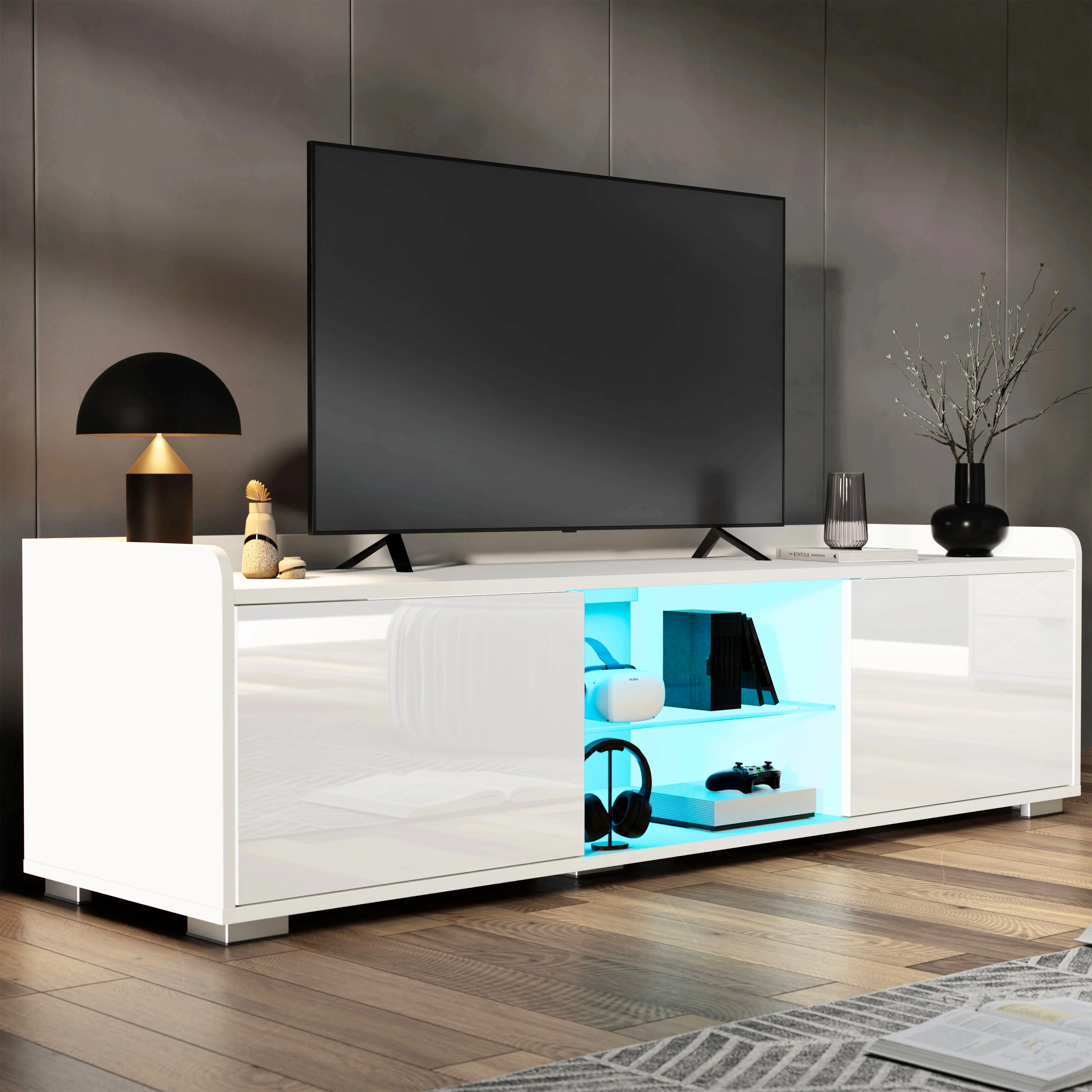 High Gloss LED TV Unit with Storage - Living Room TV Cabinet 140cm