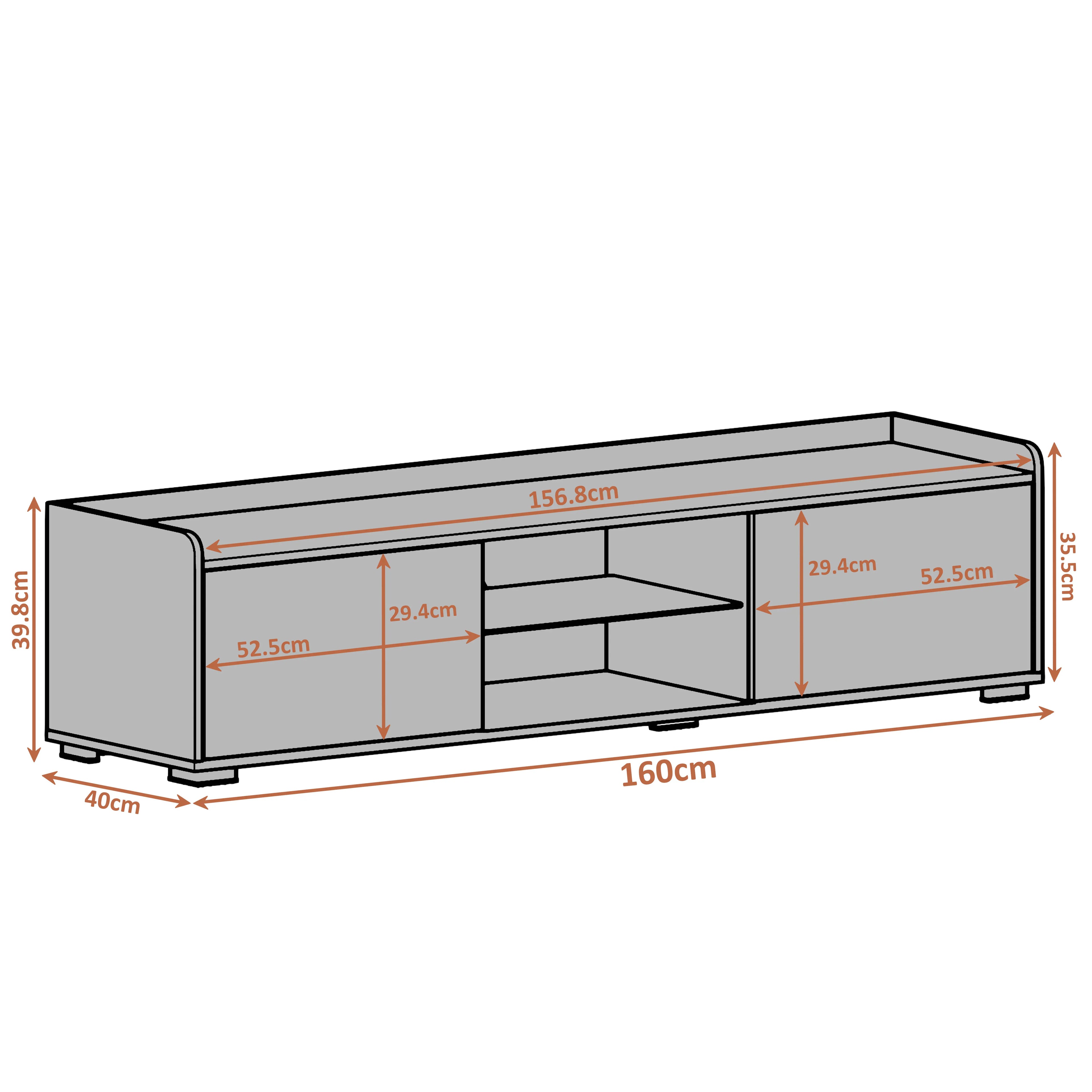 High Gloss TV Unit With LED Lights & 2 Door Storage Cabinets - 160cm