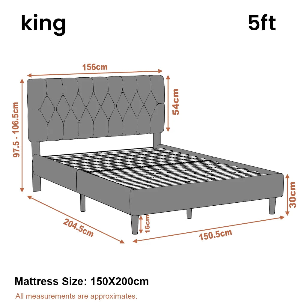 Velvet Bed Frame Double & King Size with Adjustable Headboard